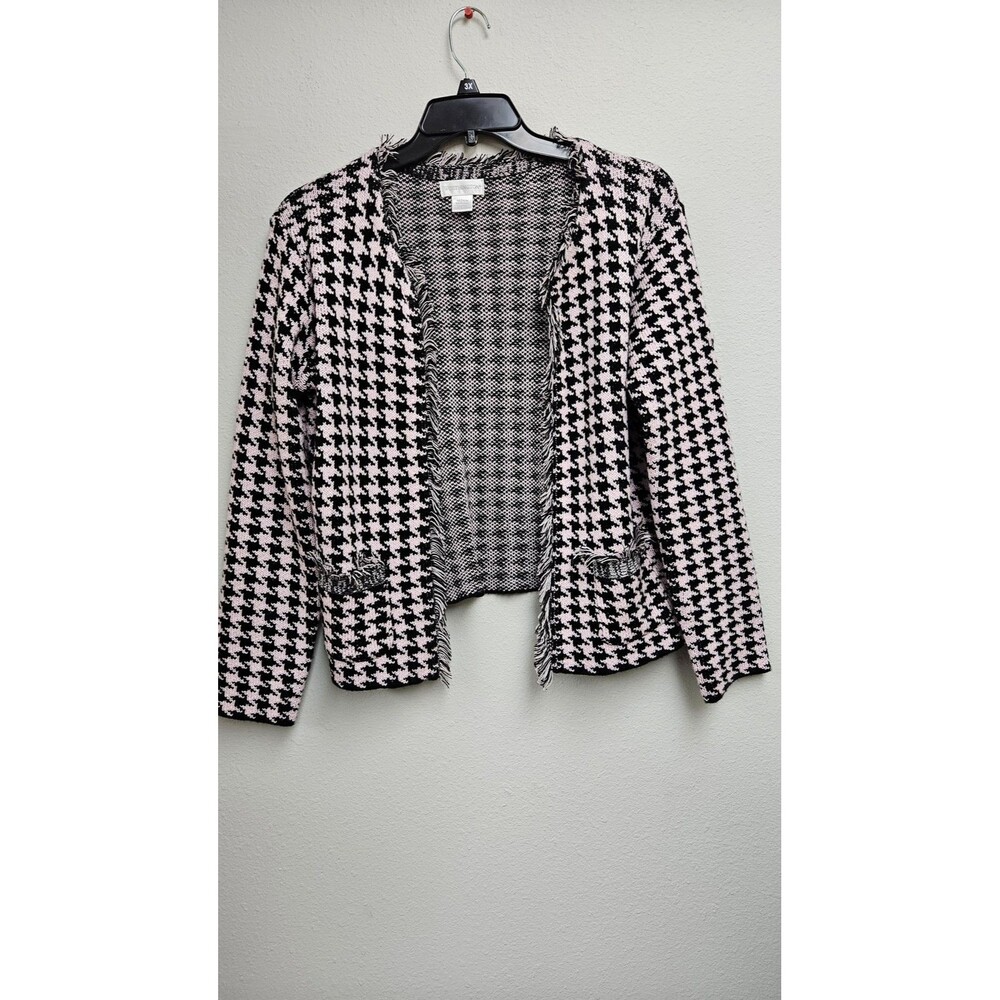 Worthington Sweater Jacket Womens Medium Pink Black Houndstooth Open Front